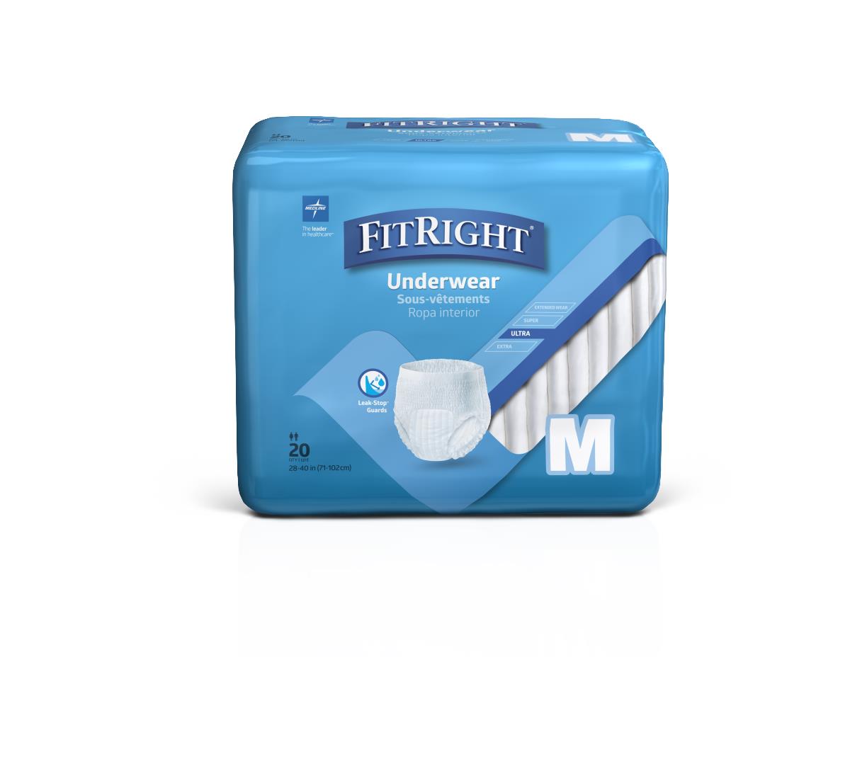 FitRight Ultra adult incontinence underwear, medium size, 20-count package in blue packaging with product illustration
