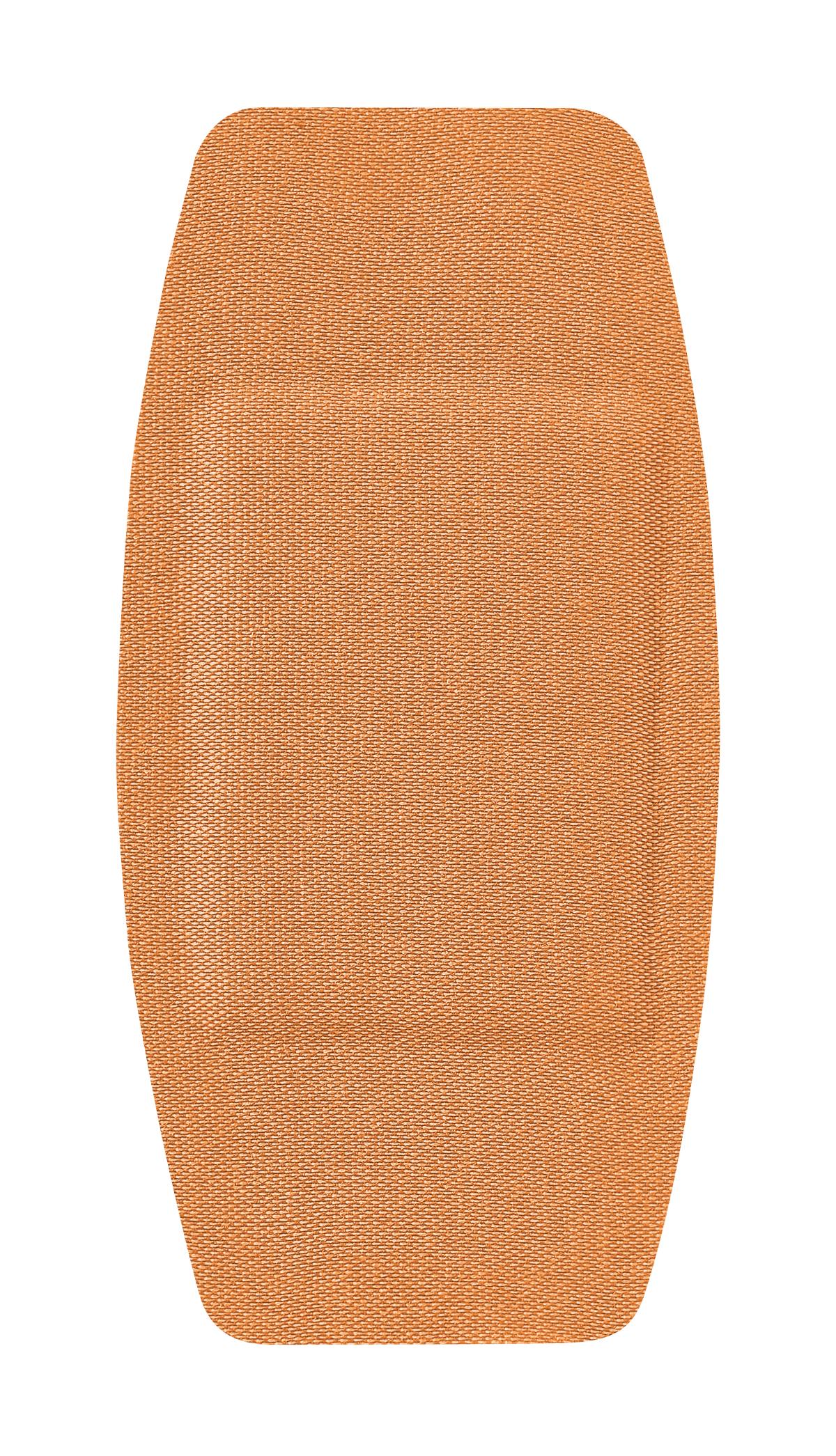 Flex-fabric adhesive bandage in a tan woven textile material with rounded rectangular shape on a white background