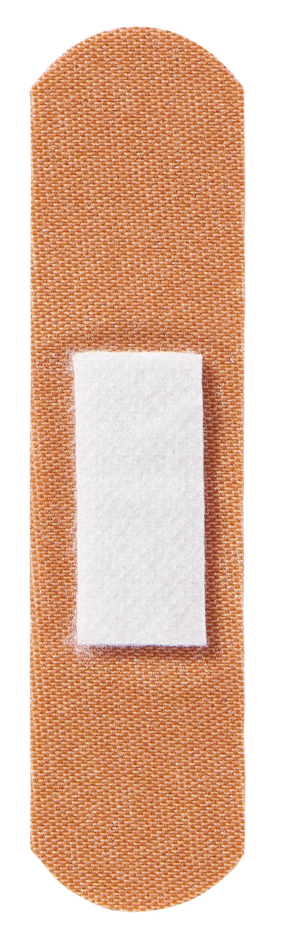 Adhesive bandage with tan fabric backing and white absorbent pad centered on the strip, shown unwrapped on white background