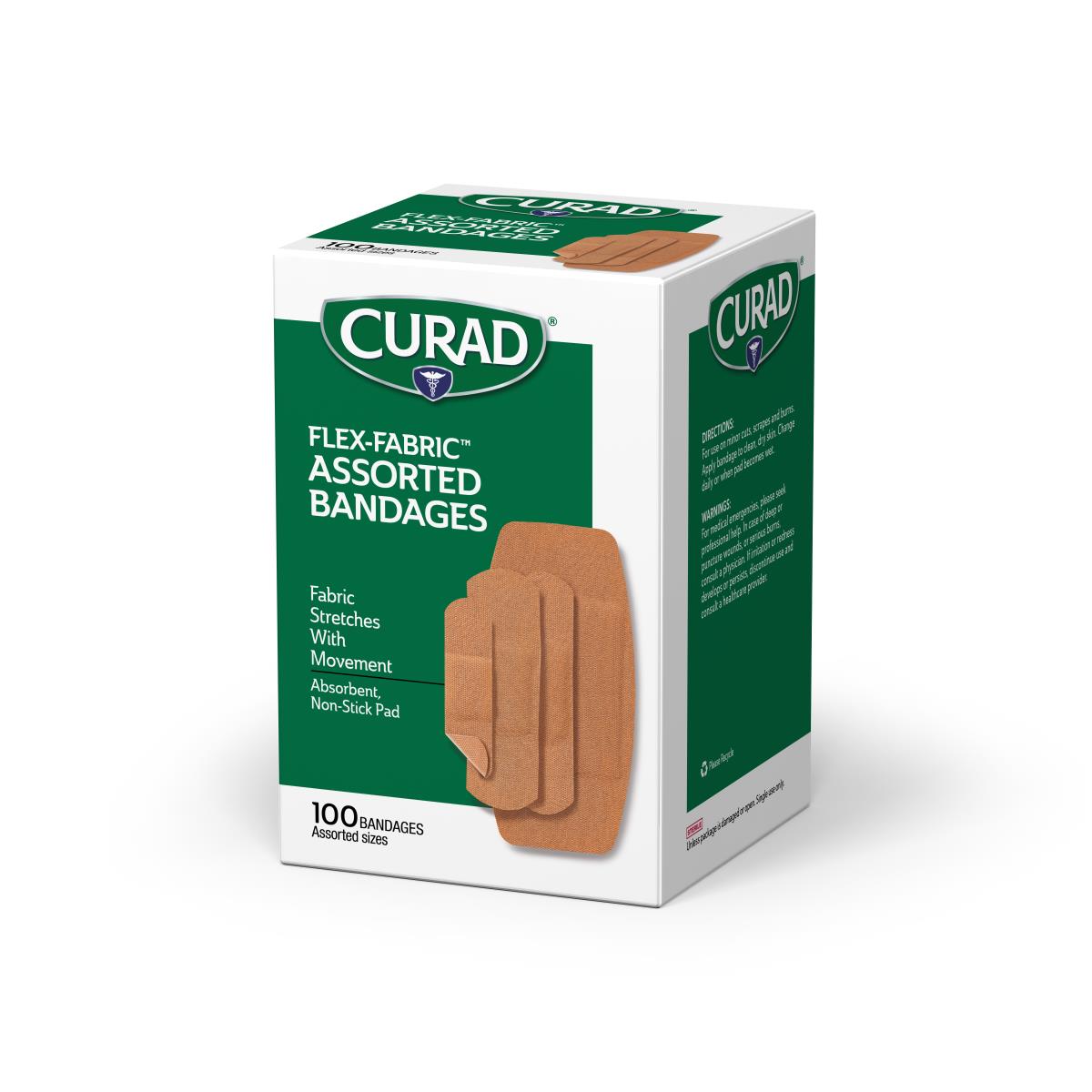 Adhesive bandages box of Curad Flex-Fabric Assorted Bandages, 100 count, in assorted sizes, tan fabric style