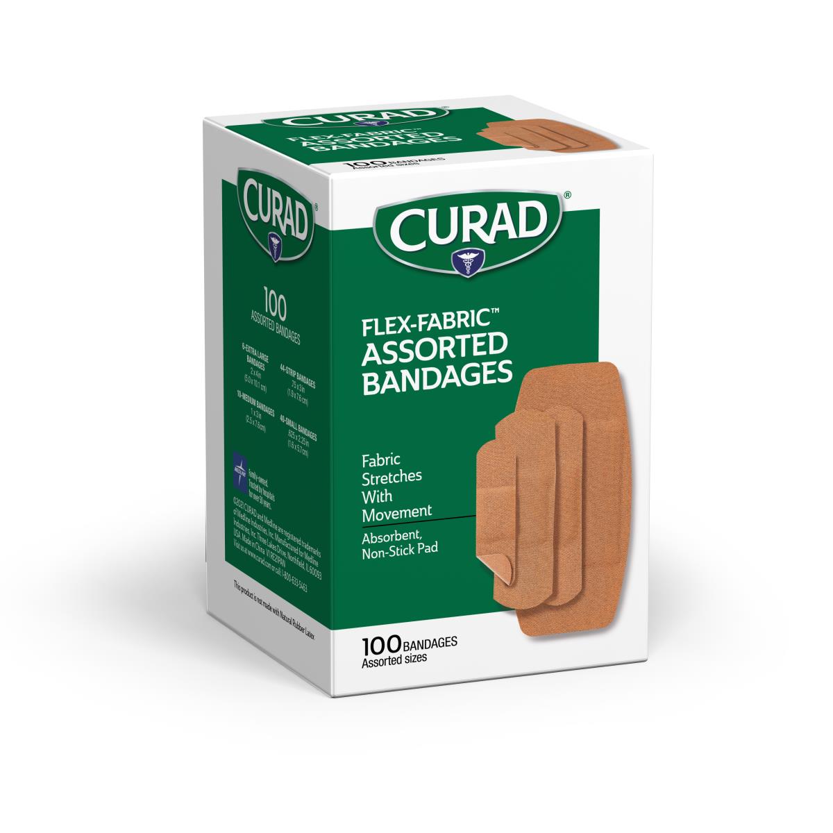 Adhesive bandages box of 100 assorted sizes in tan flex-fabric, green and white CURAD packaging on white background