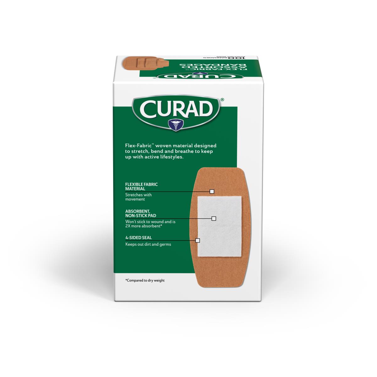CURAD Flex-Fabric assorted bandages box with green and white packaging showing a tan fabric bandage diagram on white
