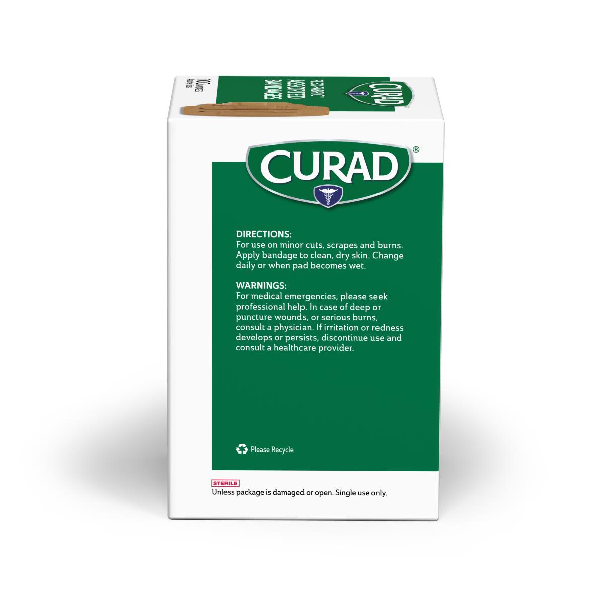 Adhesive bandage box back panel showing Curad branding with green label, directions, warnings, and sterile notation on white