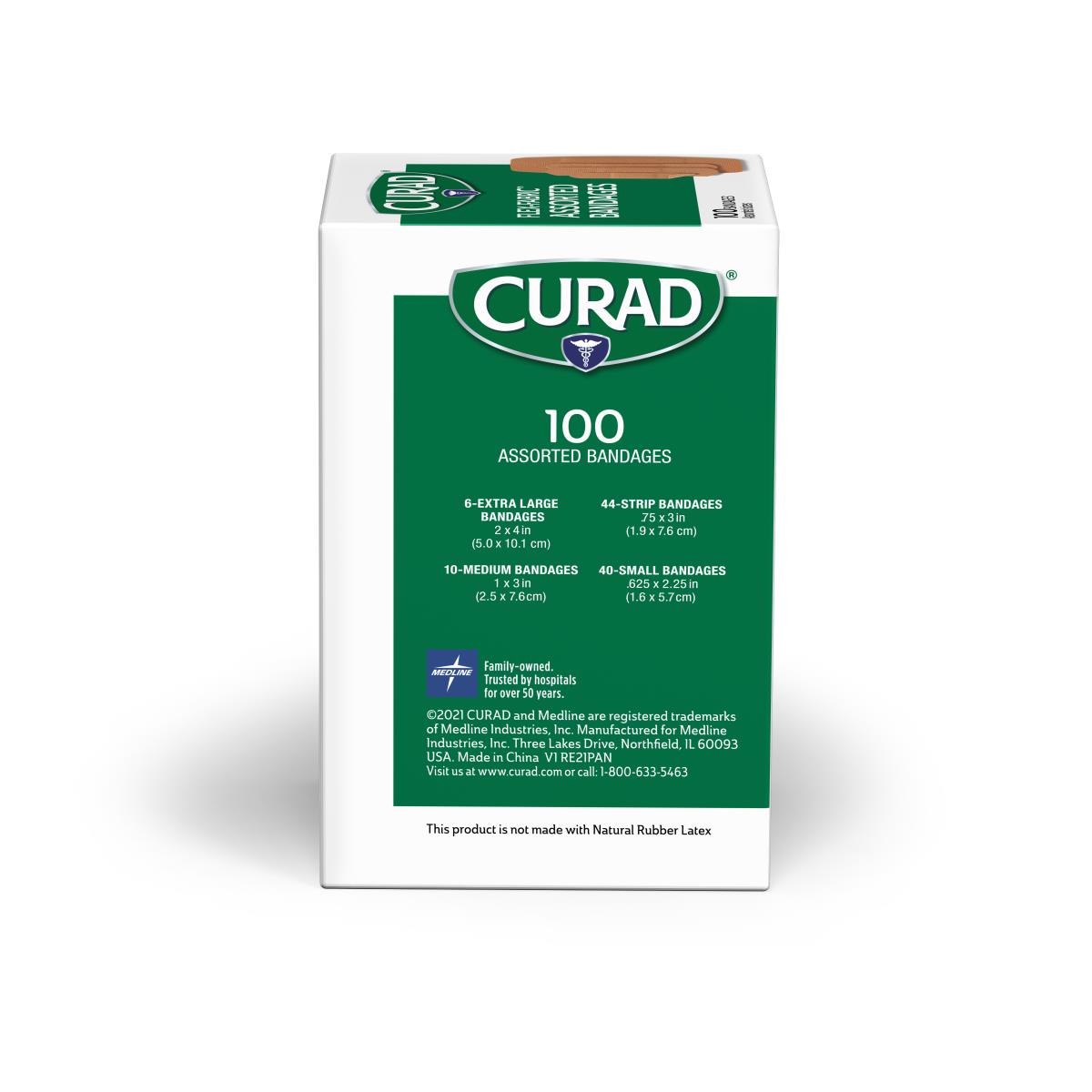 Adhesive bandages box of 100 assorted sizes in white and green Curad packaging on white background