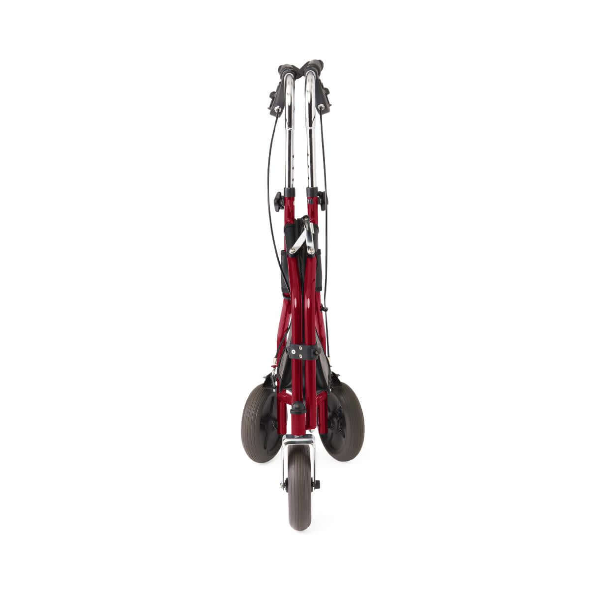 3-wheel steel rollator folded flat, red frame with silver handles and gray wheels, front view on white background