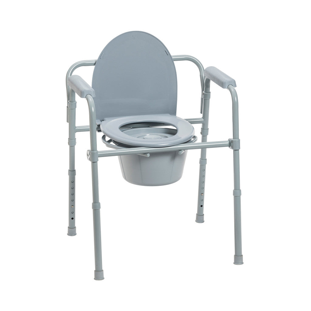 Folding bedside commode with gray steel frame, adjustable legs, armrests, open seat, and removable collection bucket with