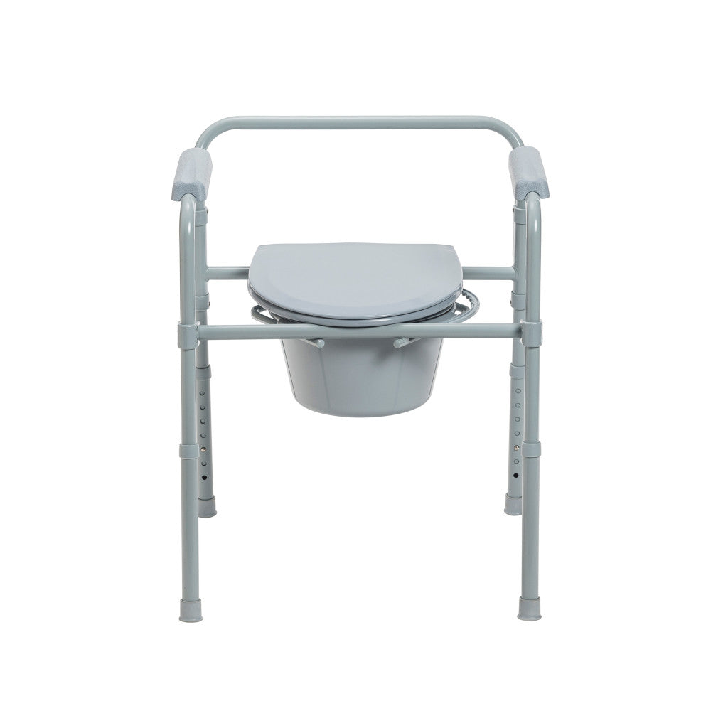 Folding bedside commode with gray steel frame, adjustable legs, padded armrests, bucket, and lid on white background