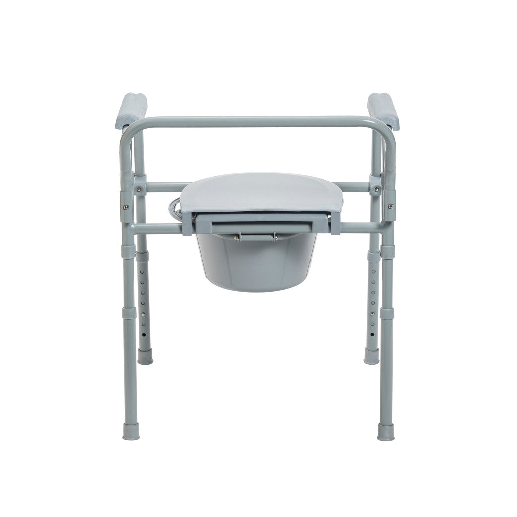 Folding bedside commode with gray steel frame, padded armrests, removable bucket, and splash guard, shown from the front