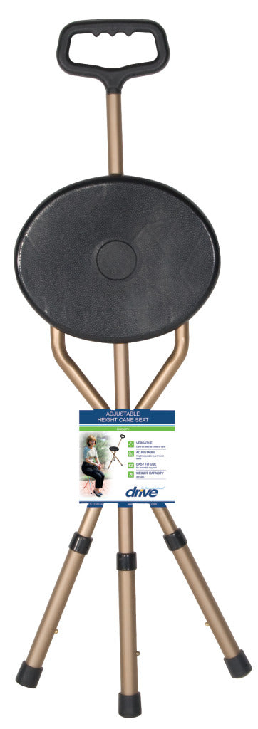 Folding lightweight cane seat with black oval seat, T-handle grip, and three adjustable gold-tone legs with rubber tips