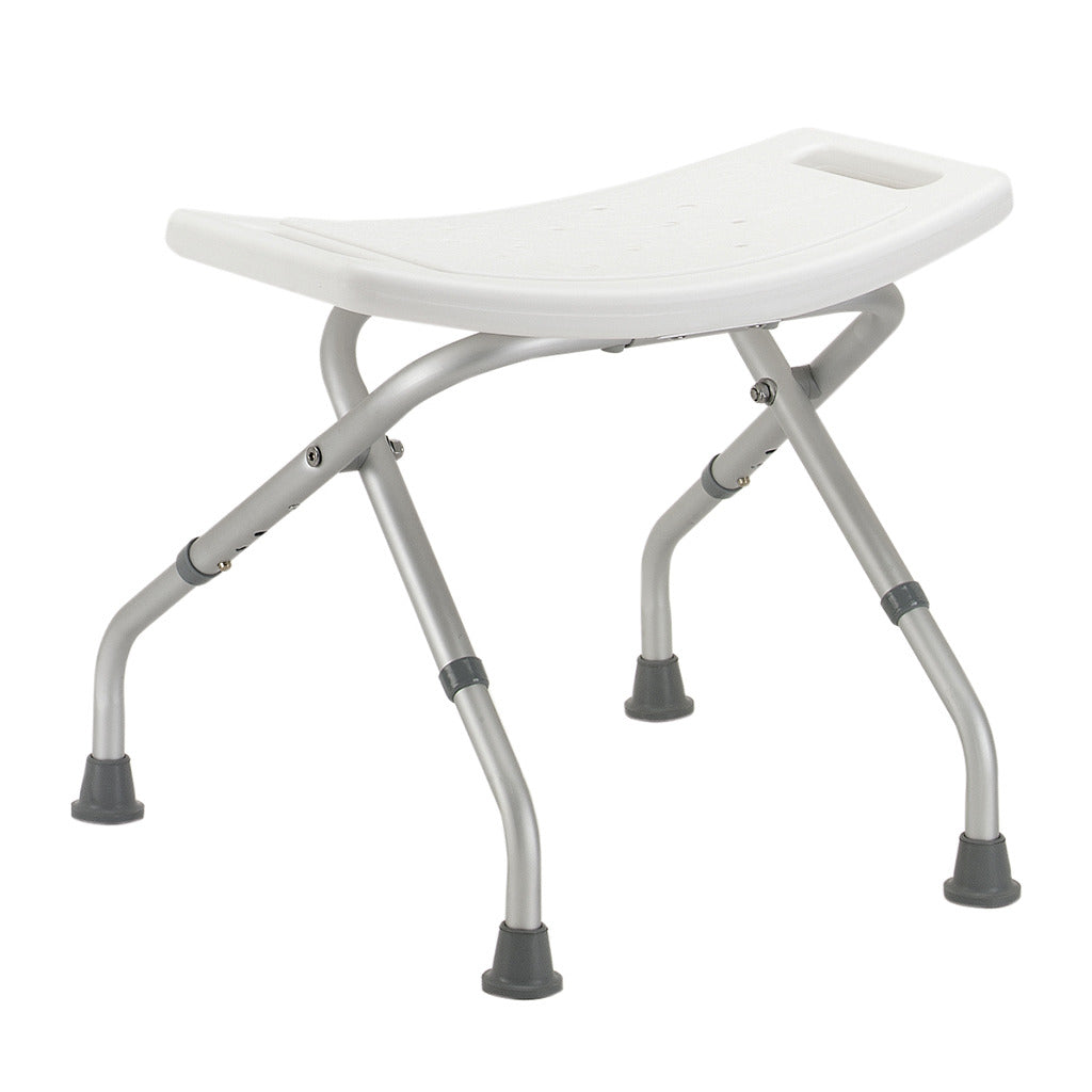 Folding bath bench with white contoured seat, drainage slots, carry handle, and gray aluminum crossed legs with rubber tips
