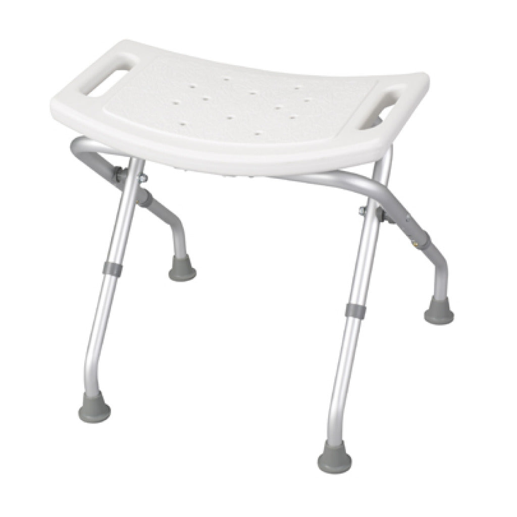 Folding bath bench with white contoured seat, drainage holes, side handles, and silver aluminum folding legs with rubber tips