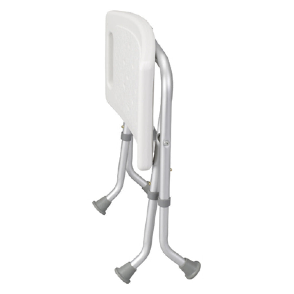Folding bath bench shown collapsed with white plastic seat, silver aluminum frame, and gray rubber suction cup feet