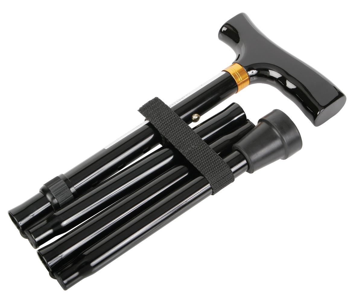 Folding aluminum cane in collapsed position with black T-handle, gold collar, and Velcro strap securing the sections