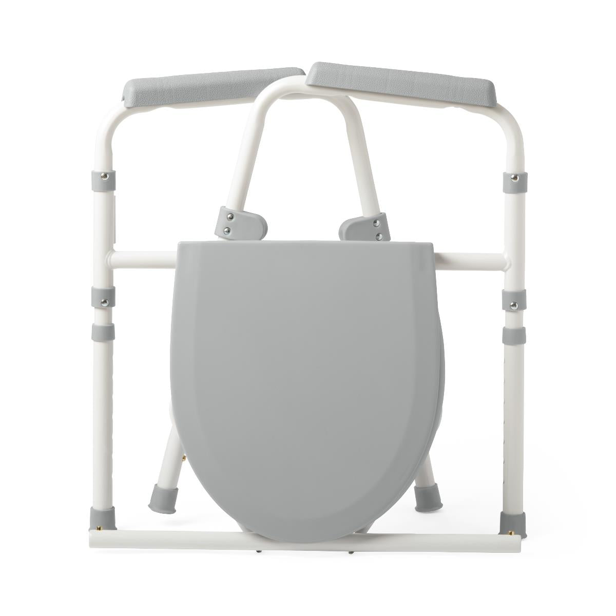 3-in-1 steel commode with white adjustable frame, padded armrests, gray raised toilet seat, and non-slip feet, front view