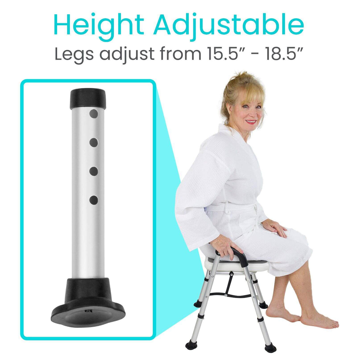 Folding shower chair with height-adjustable legs shown with closeup of adjustable leg and woman seated in bathrobe