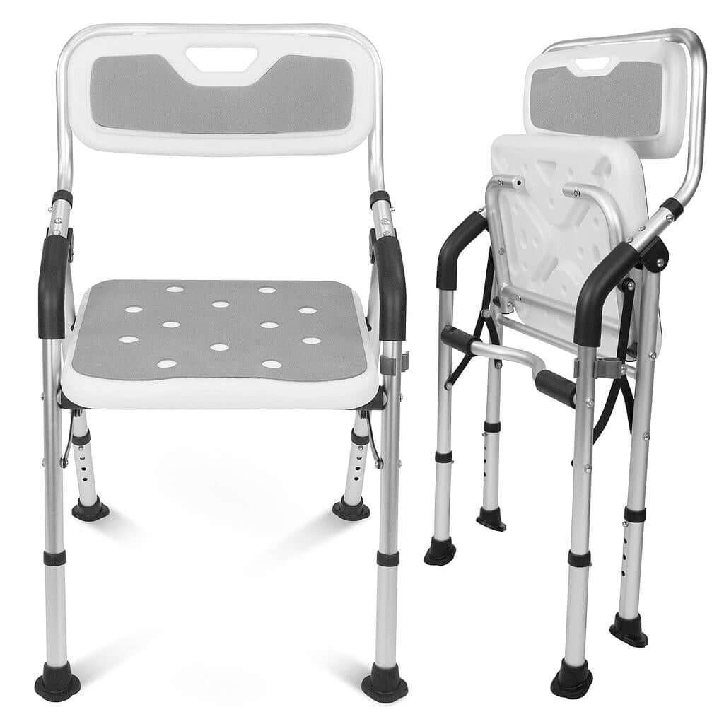 Folding shower chair with padded seat and back, armrests, adjustable aluminum legs, and non-slip feet, shown front and rear