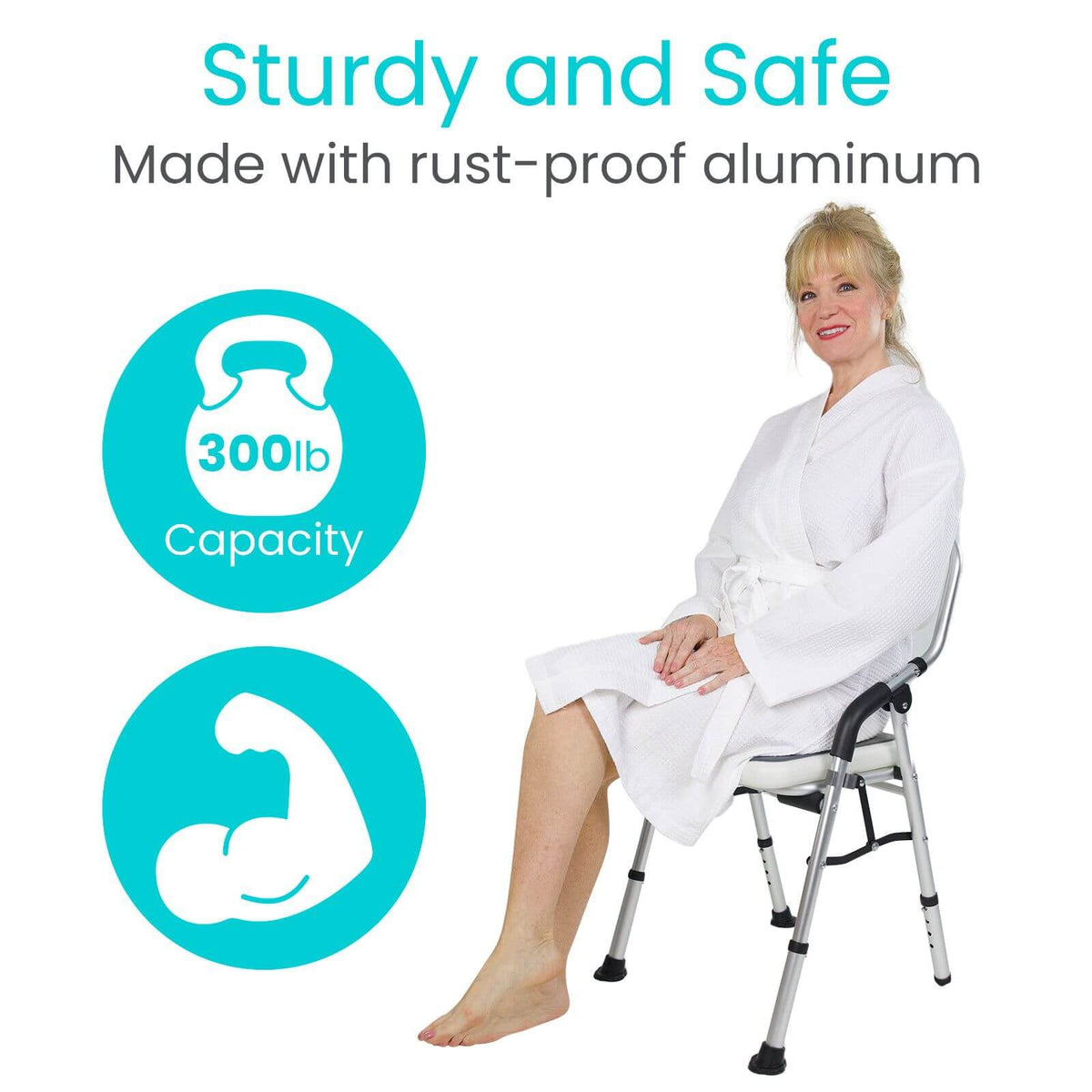 Folding shower chair with aluminum frame, shown with a woman in a white robe seated comfortably, with 300lb capacity icons
