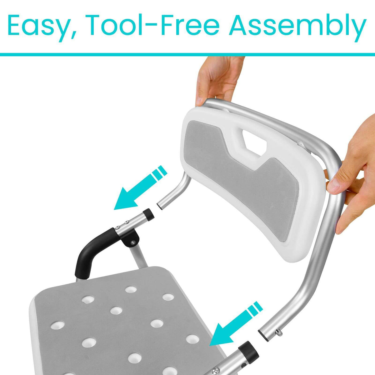 Folding shower chair backrest being attached tool-free to aluminum frame seat with drainage holes, shown with arrows
