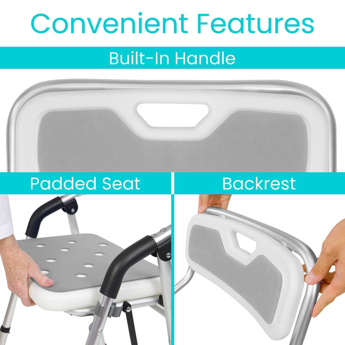 Folding shower chair feature callouts showing built-in handle, padded seat with drain holes, and removable padded backrest