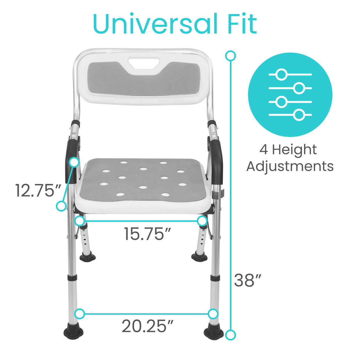 Folding shower chair with armrests and back shown with dimension callouts: 20.25" wide base, 38" tall, and 4 height