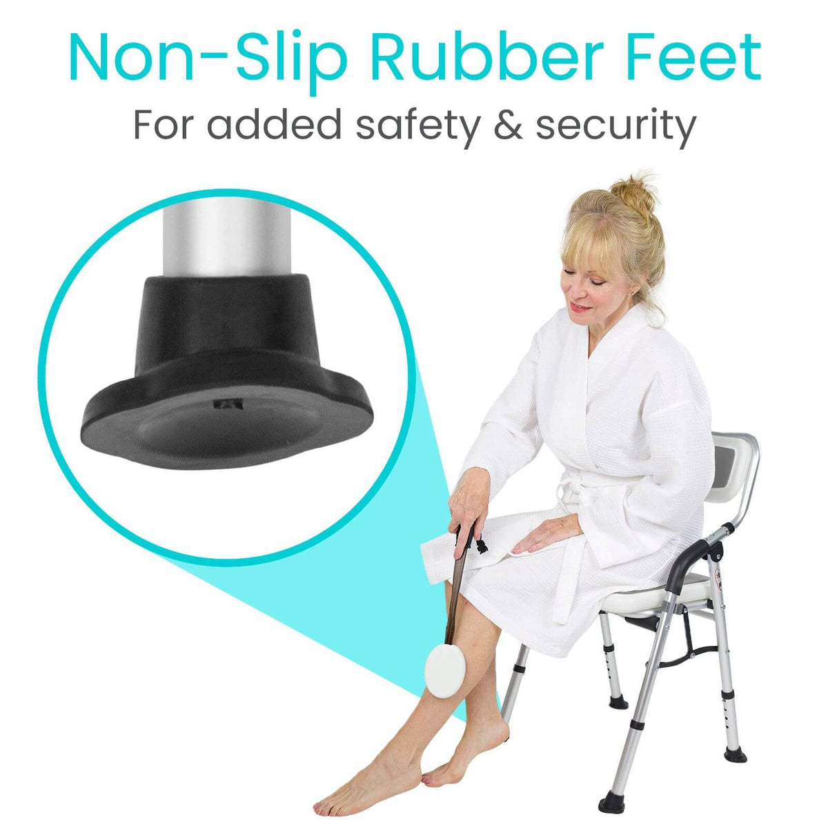 Folding shower chair with close-up of non-slip rubber foot, shown with woman in robe seated using a long-handled bath sponge