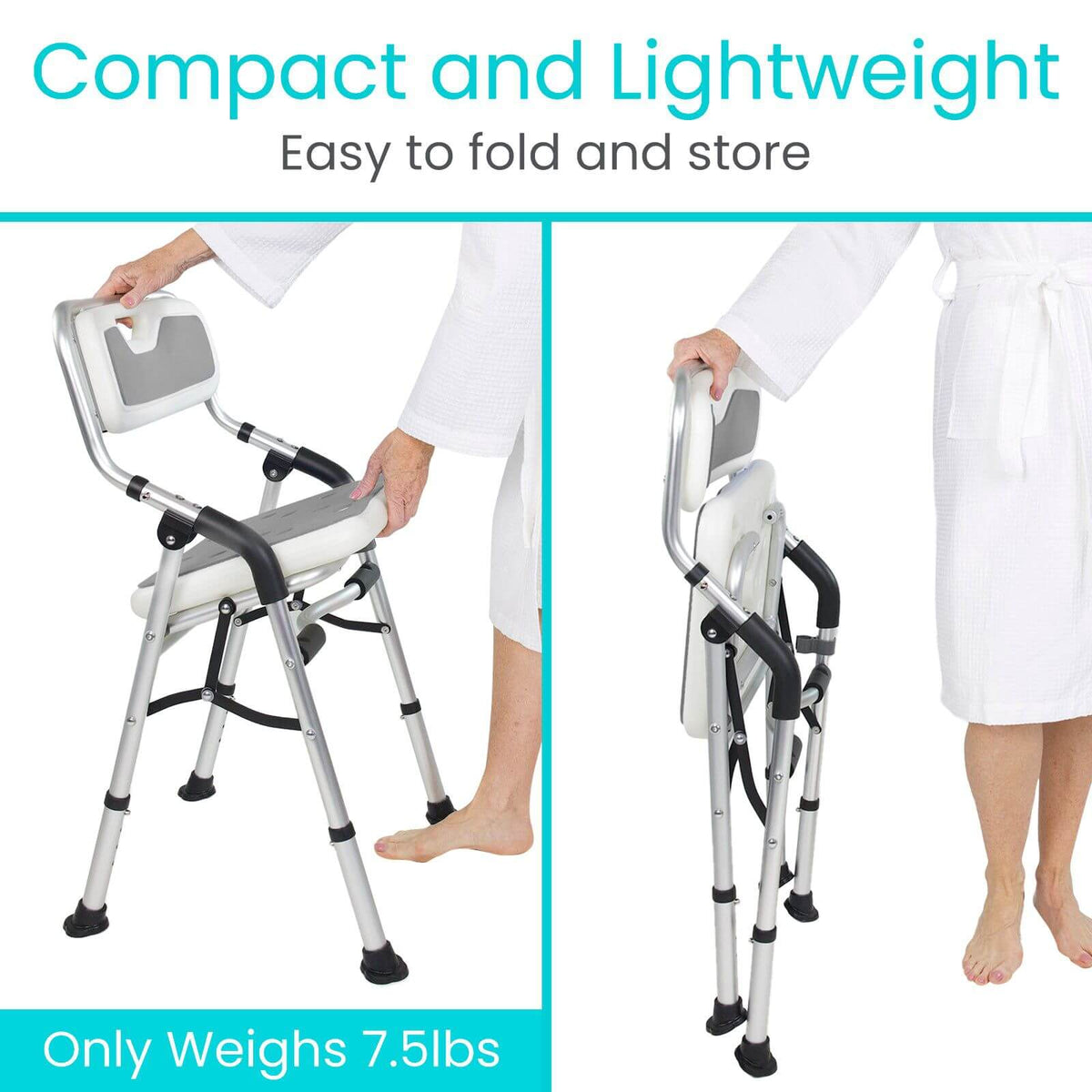 Folding shower chair shown open and folded flat, held by a person in a white robe, with silver aluminum frame and padded