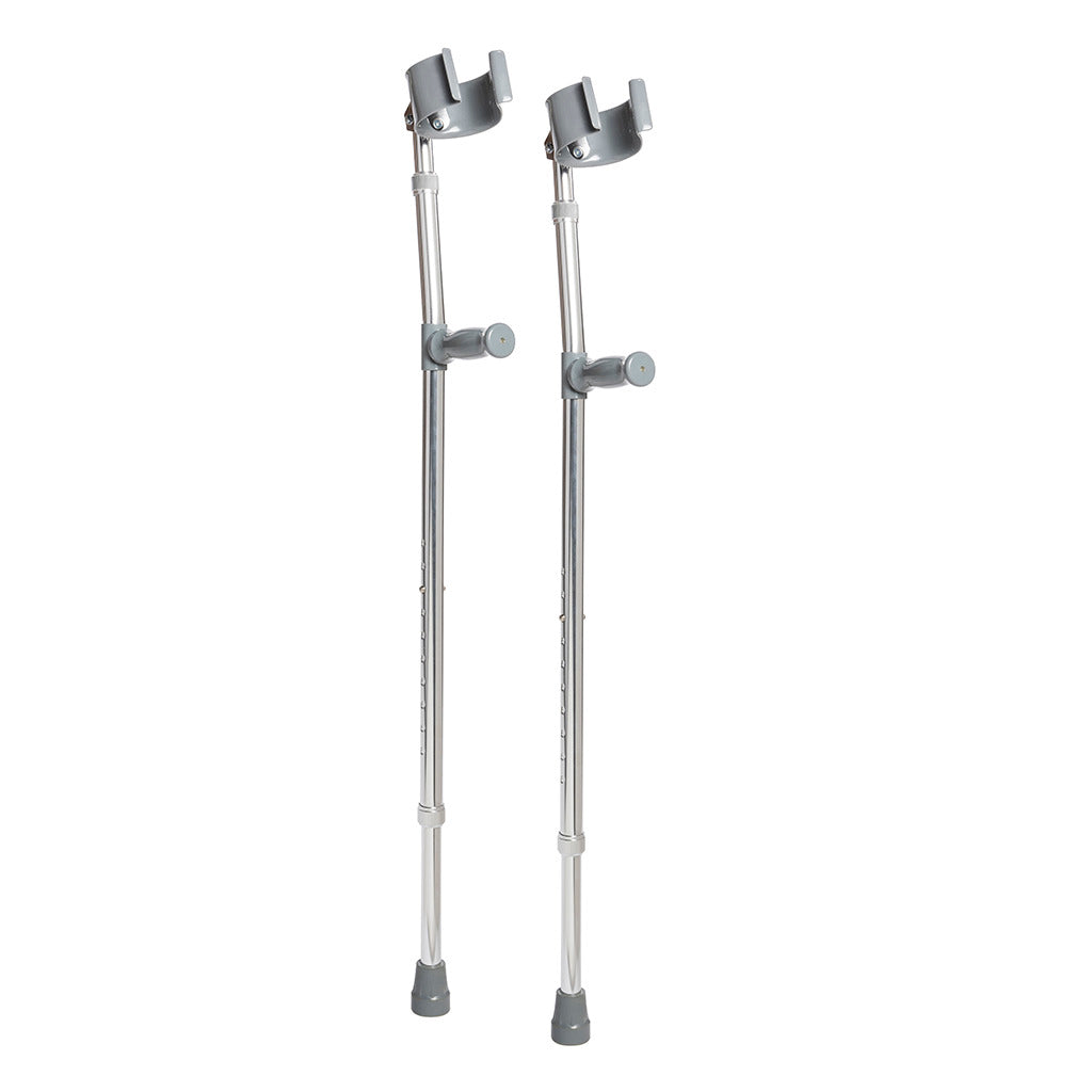 Pair of lightweight aluminum forearm crutches with open cuff arm supports, gray hand grips, adjustable shafts, and rubber