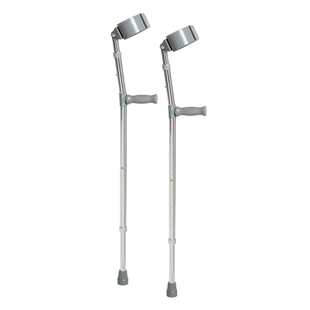 Lightweight forearm crutches pair with silver aluminum shafts, open elbow cuffs, gray hand grips, and rubber tips