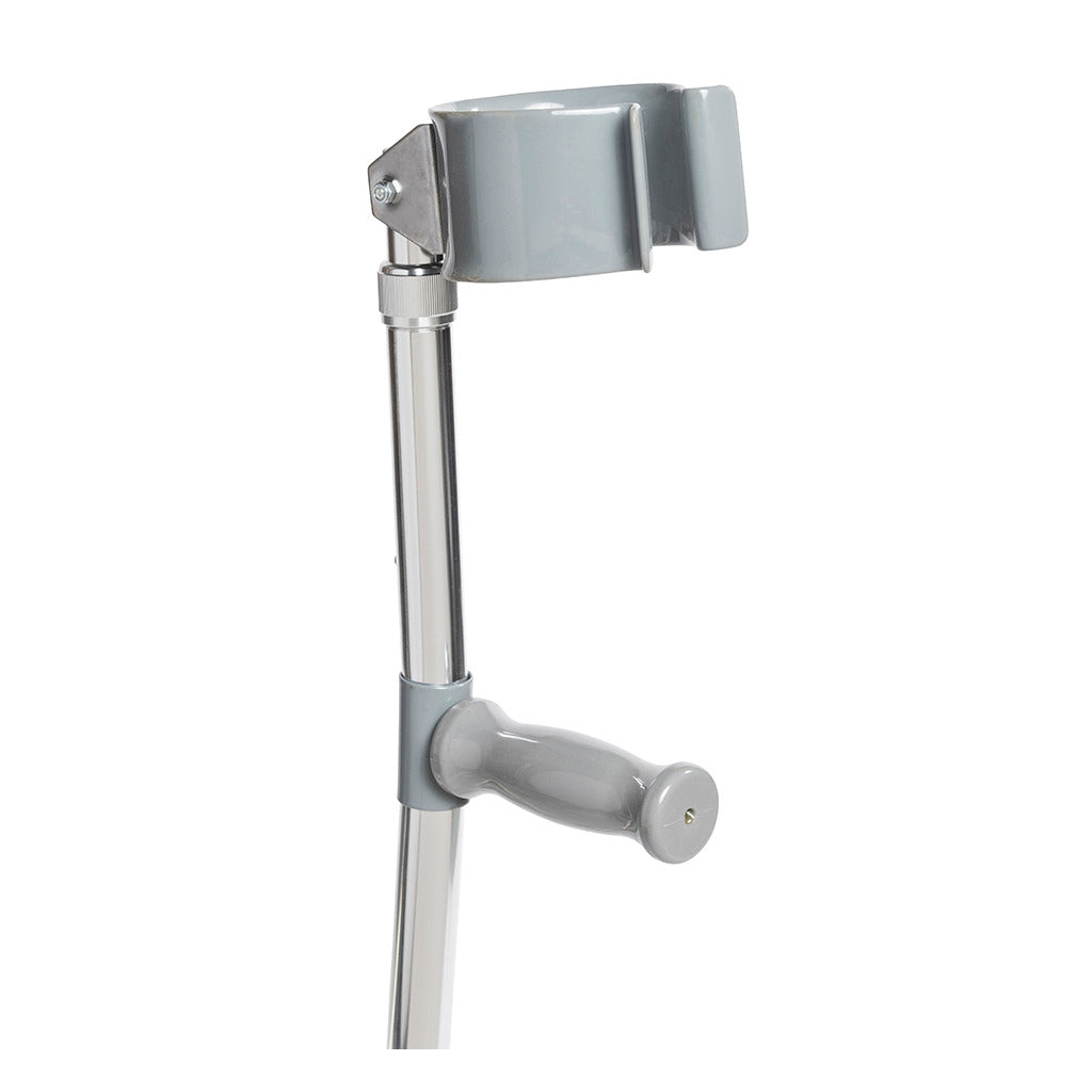 Forearm crutch with gray open cuff, chrome adjustable shaft, and gray hand grip shown against white background