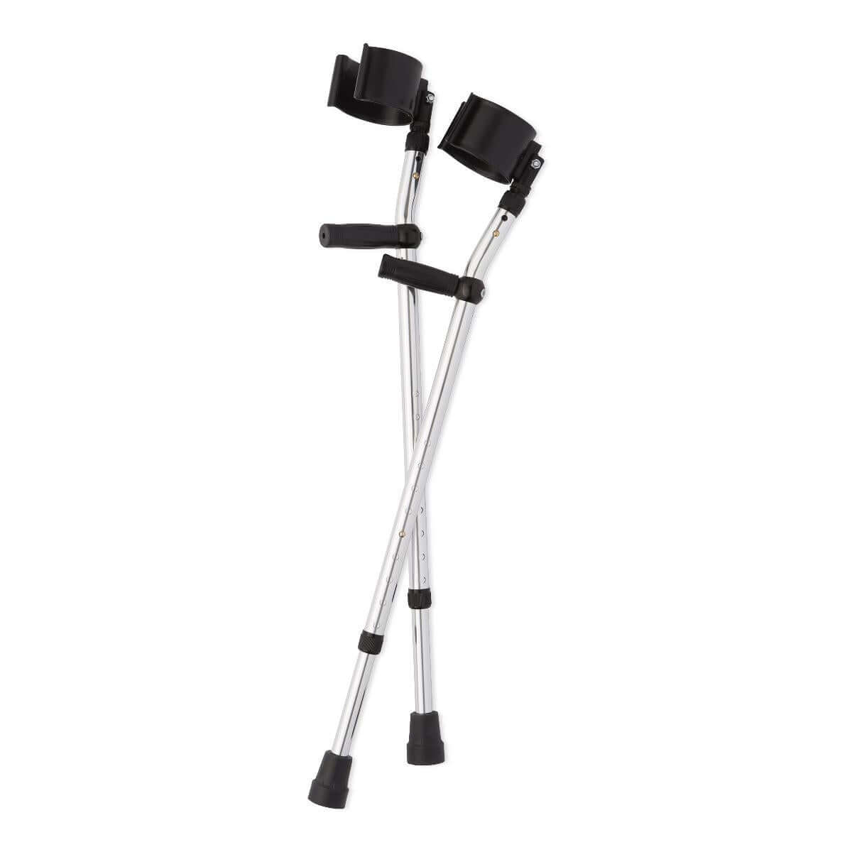 Pair of Guardian forearm crutches with silver aluminum shafts, black foam grips, adjustable arm cuffs, and rubber tips