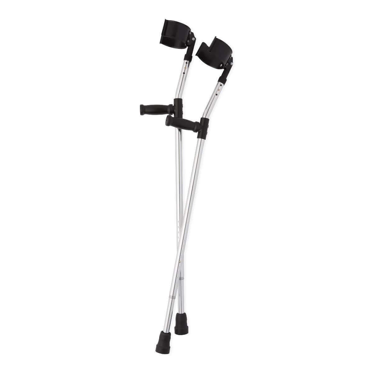 Forearm crutches with silver aluminum shafts, black open forearm cuffs, contoured hand grips, and rubber tip feet, shown as