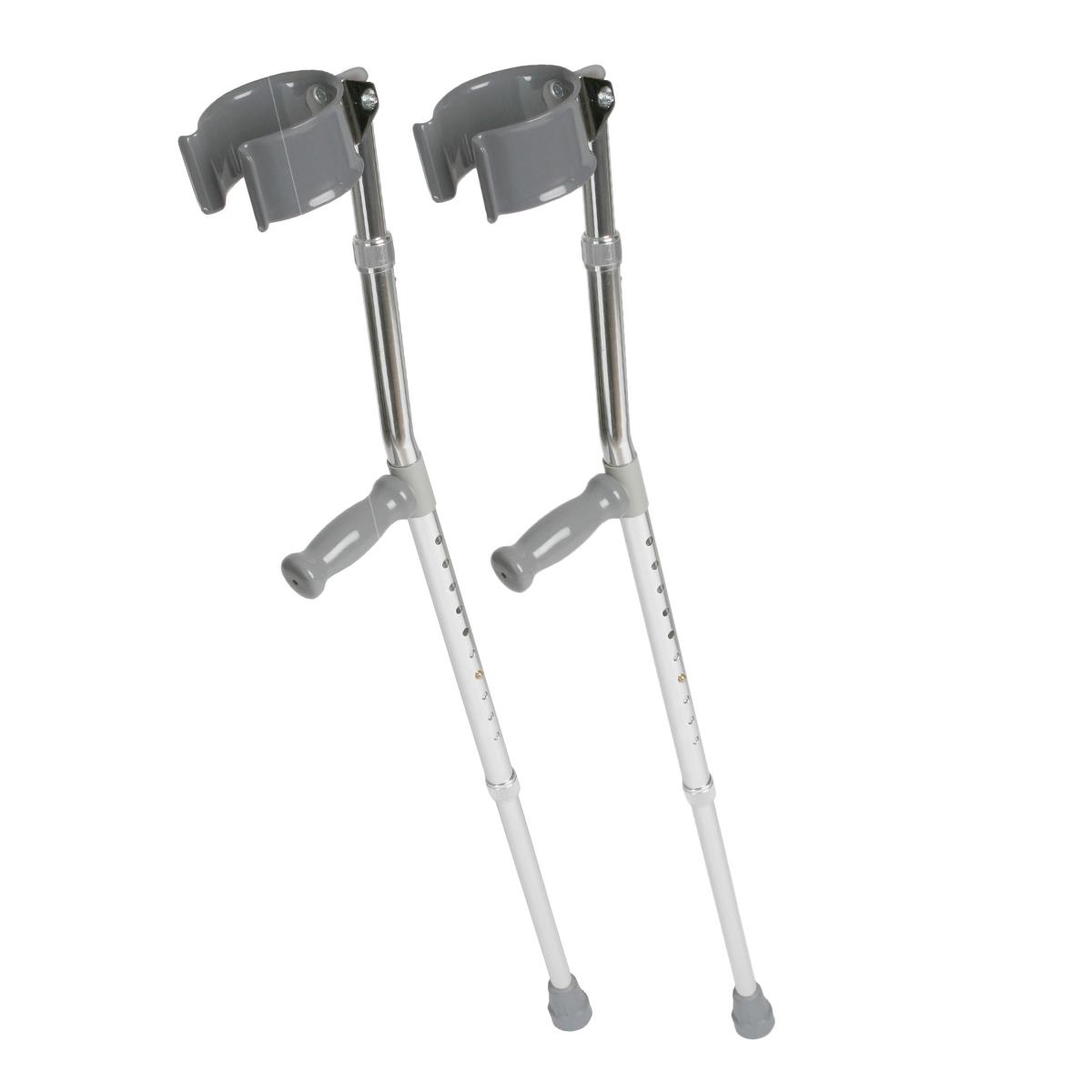 Pair of tall adult forearm crutches with gray open cuff arm supports, gray hand grips, adjustable silver and white shafts