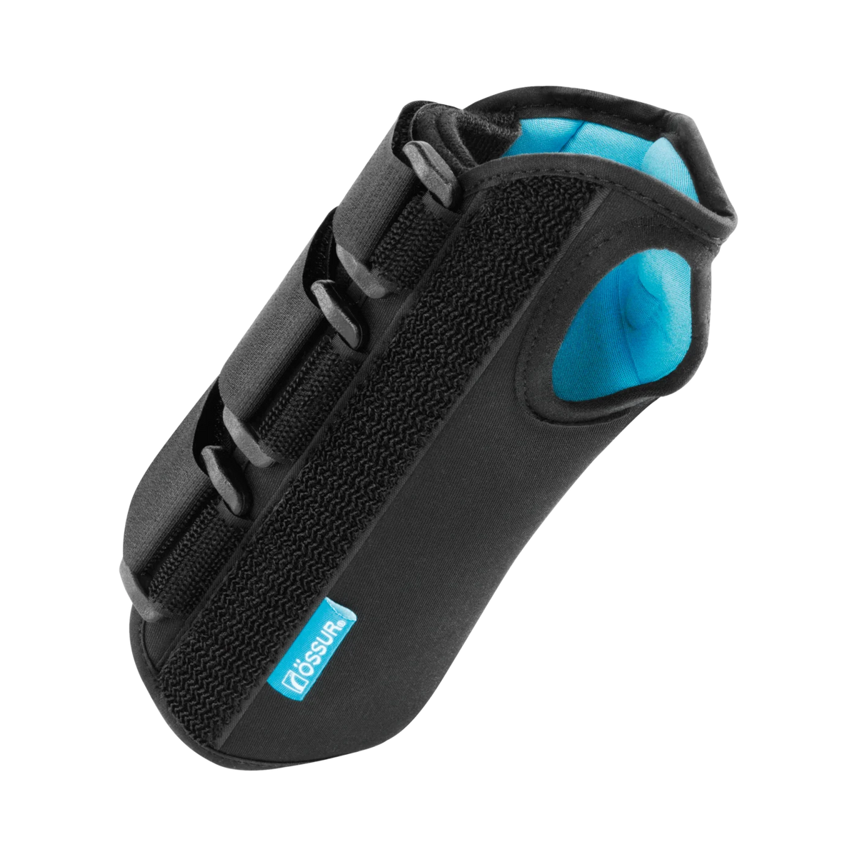 Wrist and forearm brace in black neoprene with blue gel padding, hook-and-loop straps, and a rigid underside splint
