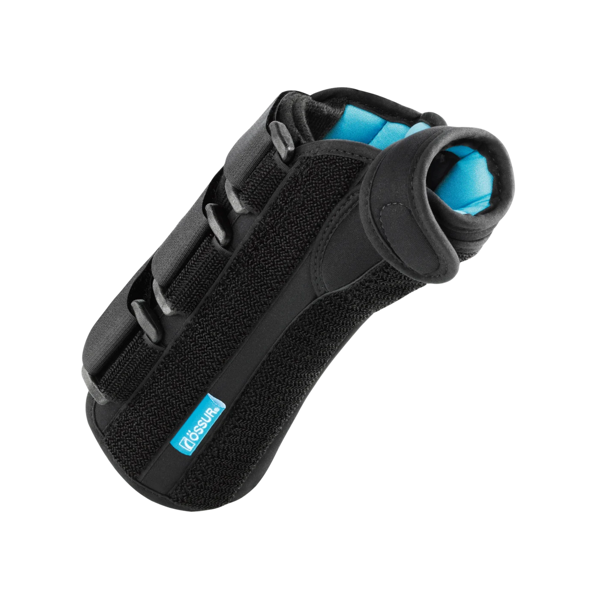 Wrist thumb spica brace in black with blue interior padding, lace-up closure, and thumb loop, shown on white background