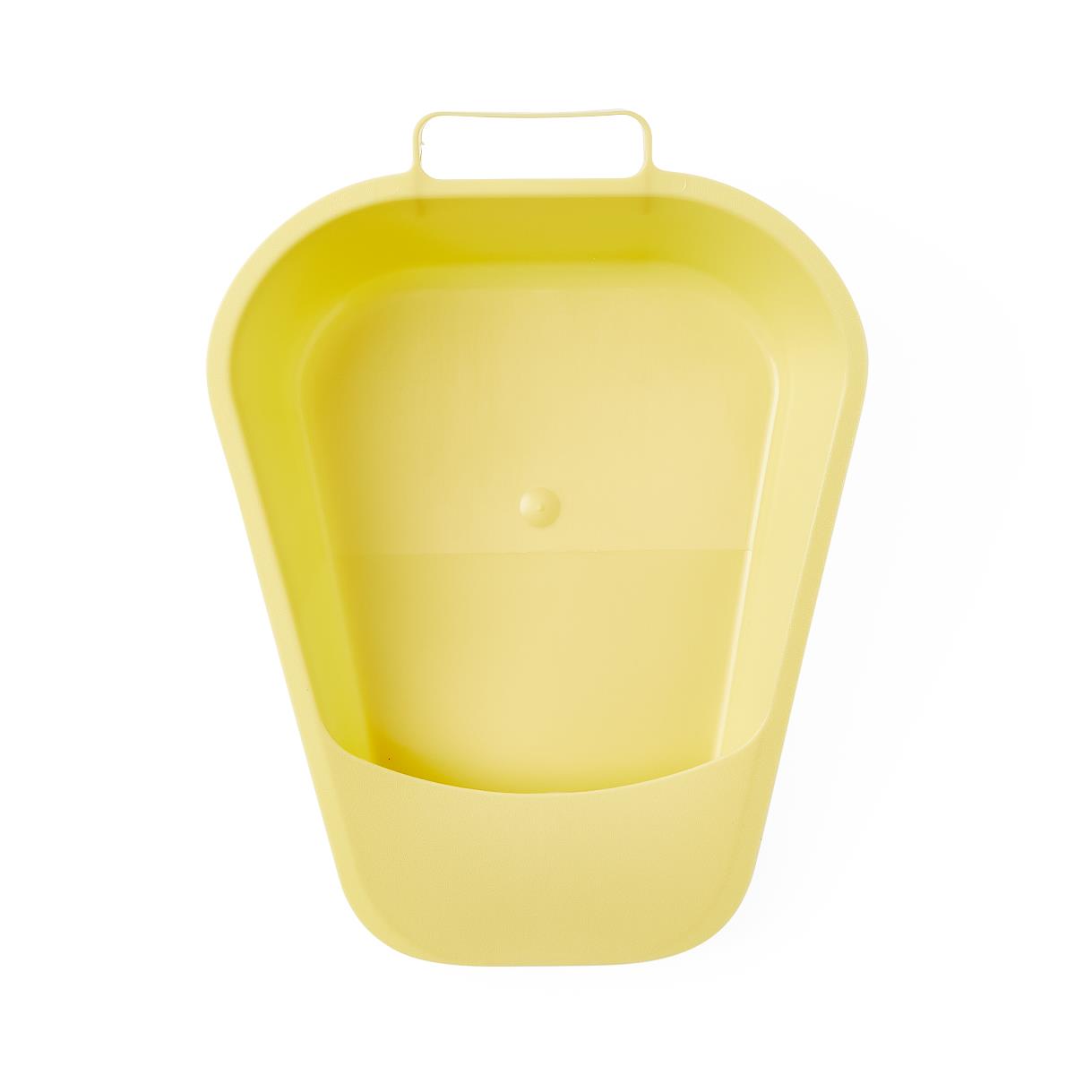 Fracture bedpan in yellow plastic with a low-profile shallow design and top handle, viewed from above