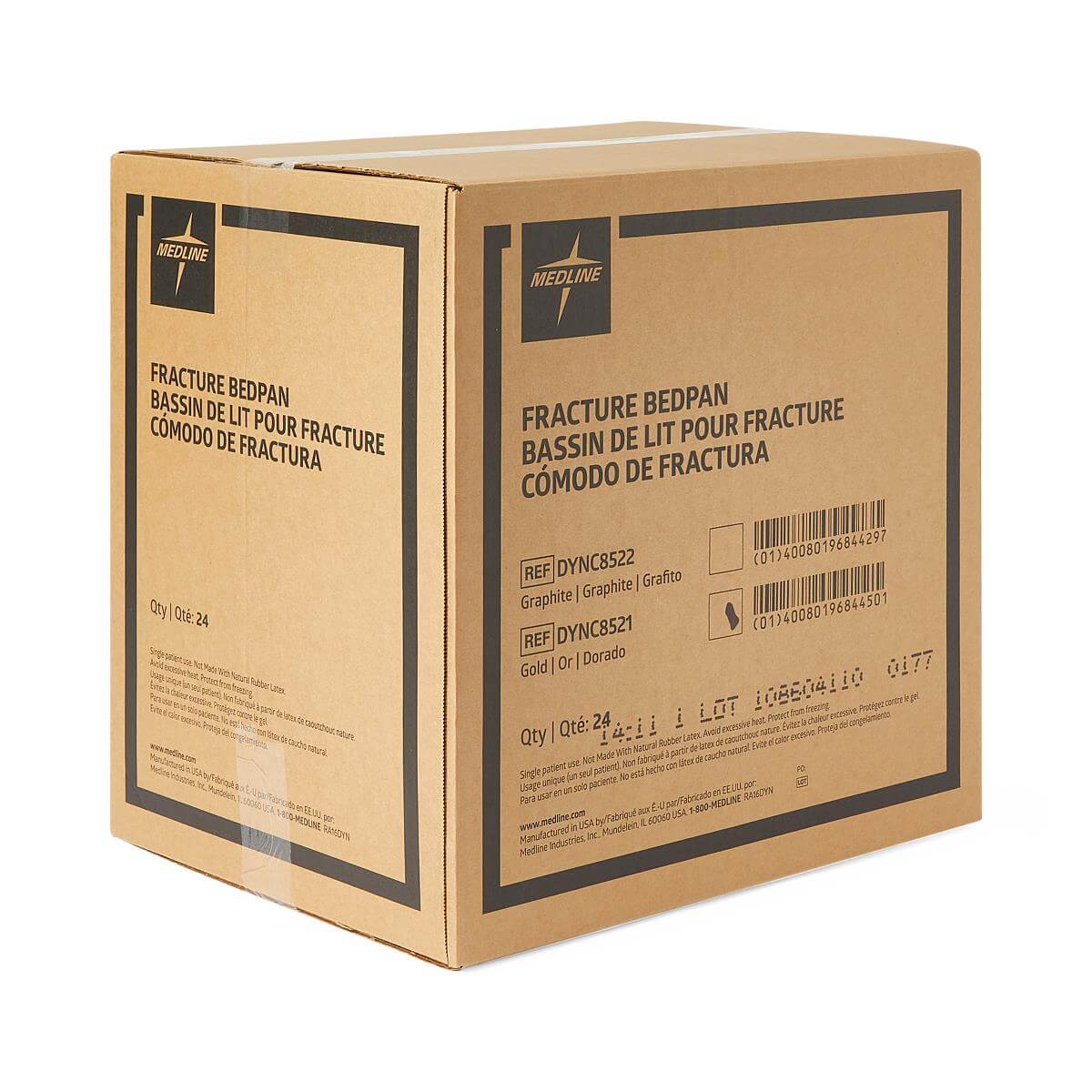 Fracture bedpan bulk case of 24 in Medline branded cardboard box, labeled in English, French, and Spanish