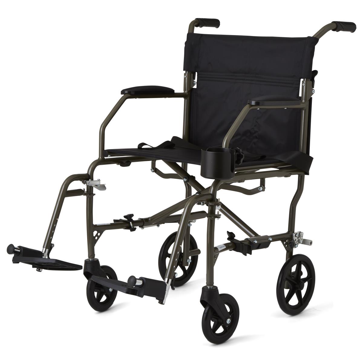 Transport wheelchair with black upholstery, bronze frame, swing-away footrests, rear push handles, and cup holder on white