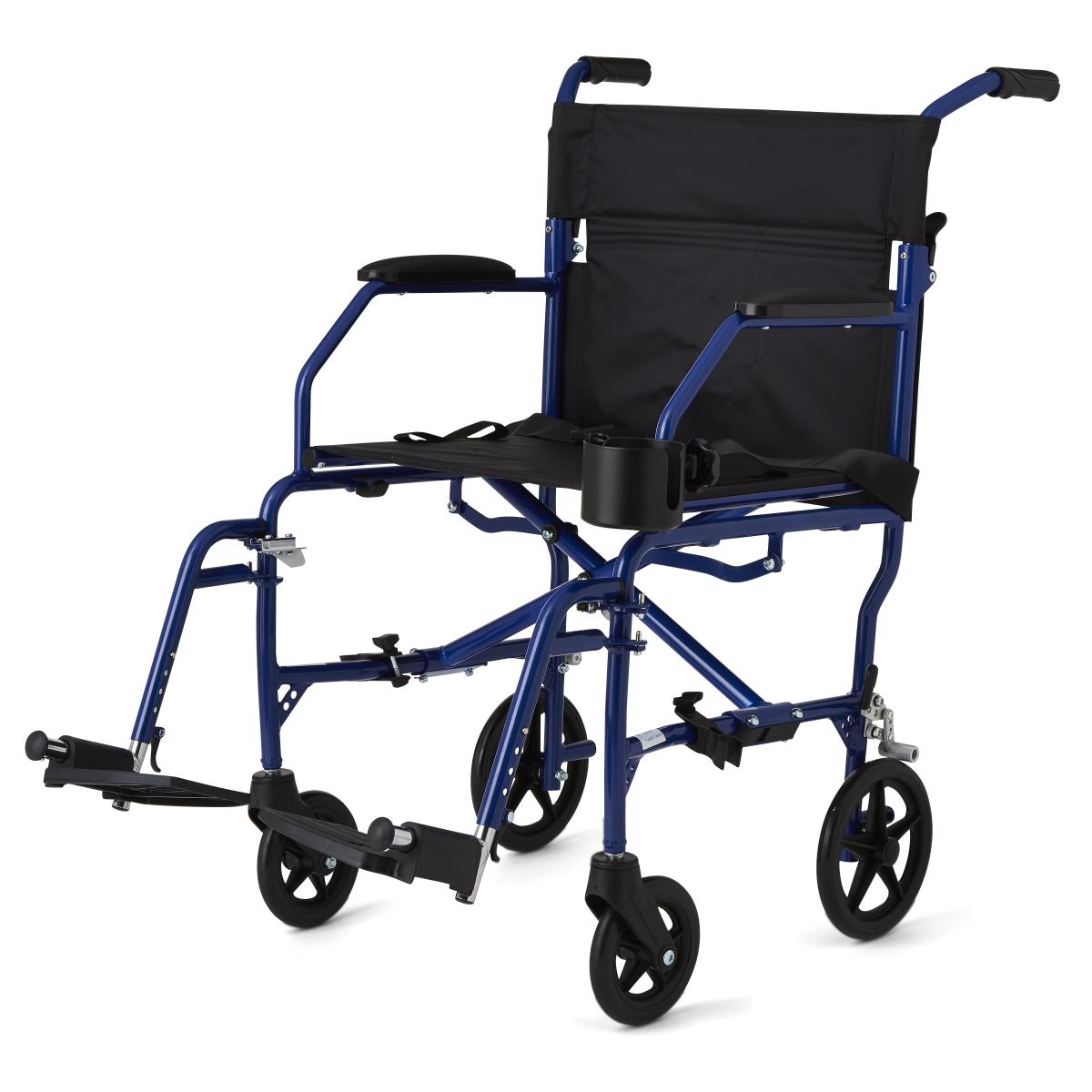 Transport chair with blue steel frame, black upholstery, swing-away footrests, rear push handles, and attached cup holder