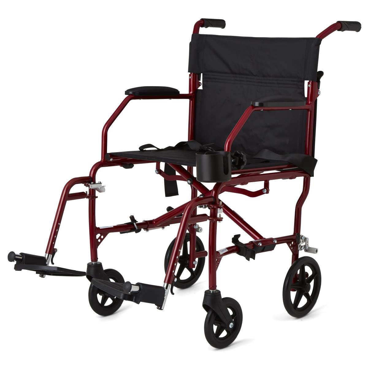 Transport chair with red aluminum frame, black upholstery, swing-away footrests, cup holder, and rear push handles on white