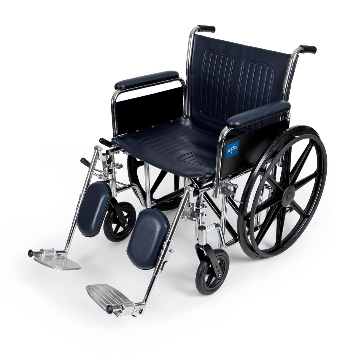 Wheelchair with navy vinyl upholstery, chrome frame, removable desk arms, elevating legrests, and large rear wheels on white