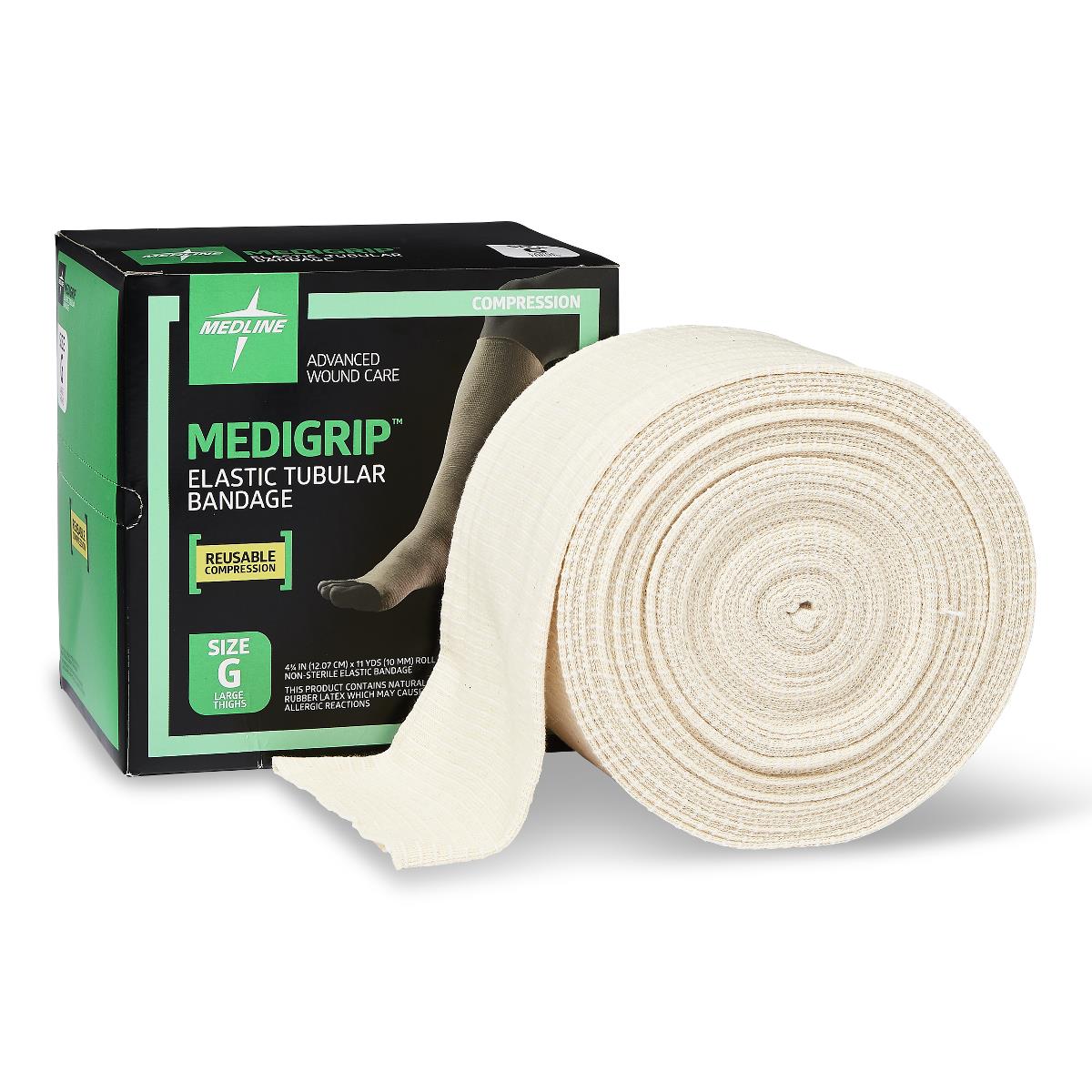 Elastic tubular bandage roll in cream fabric beside its black and green Medigrip compression bandage box on white background