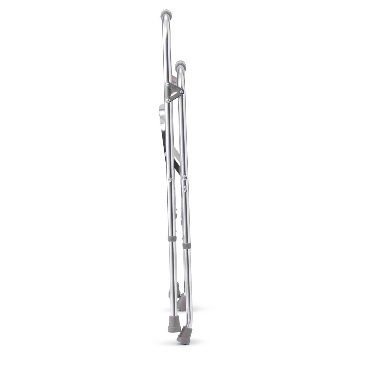 Hemi walker with silver aluminum frame, height-adjustment push buttons, and gray rubber tips, shown from the side