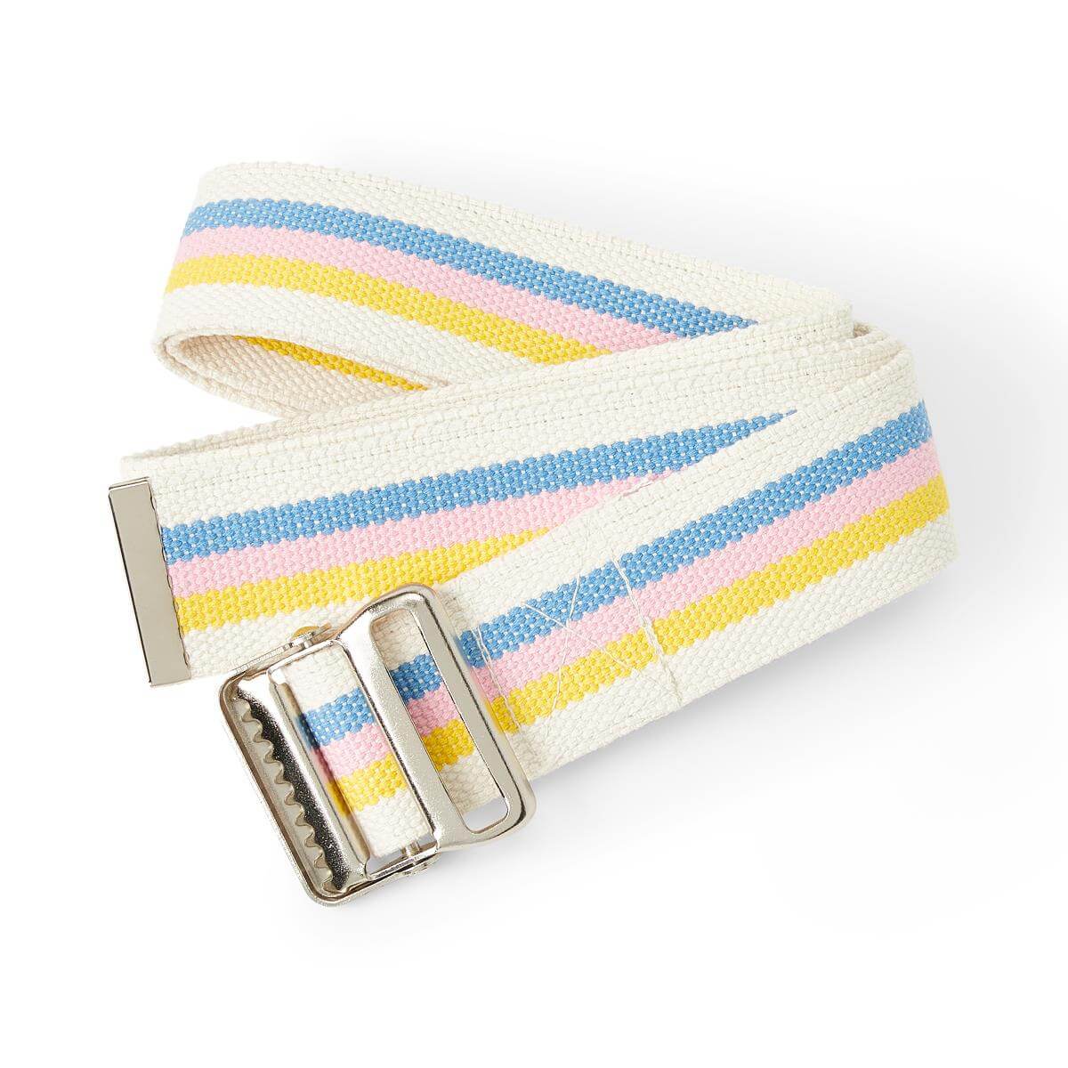 Gait transfer belt with metal buckle, white cotton webbing with blue, pink, and yellow stripes, coiled on white background