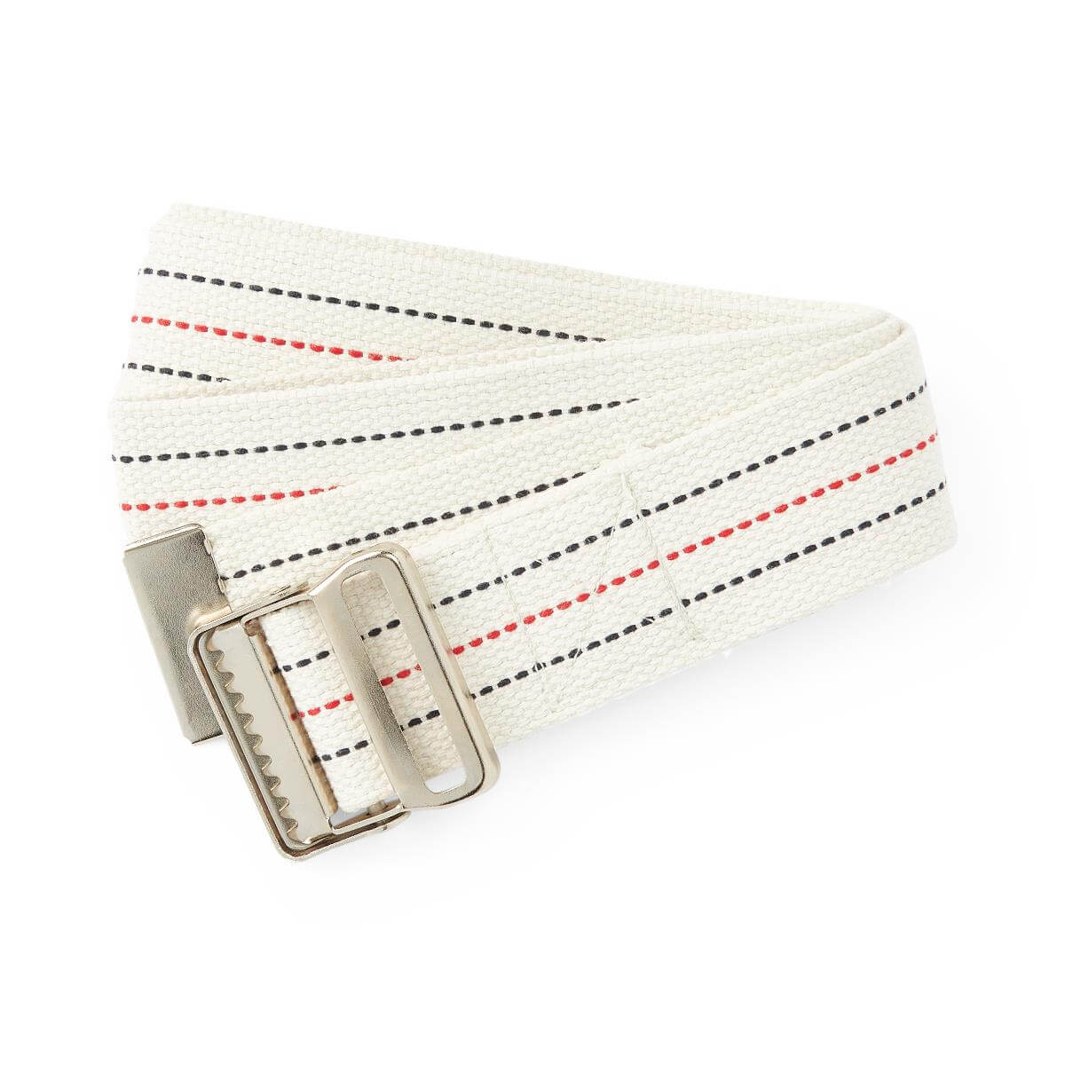 Gait transfer belt with metal buckle, white cotton webbing with red and black pinstripes, coiled on white background