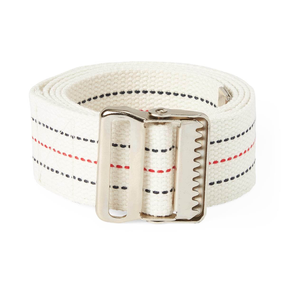 Gait transfer belt coiled and laid flat, white cotton webbing with red and black dotted stripes and a metal buckle clasp