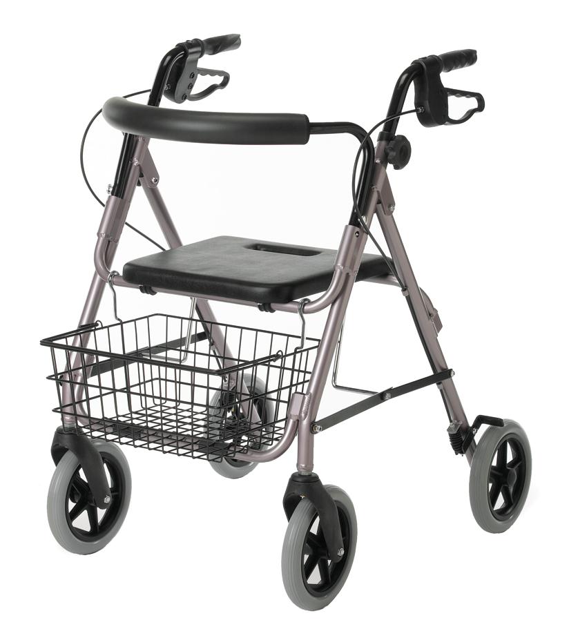 Rollator walker with four gray wheels, padded seat, loop hand brakes, and wire basket on a silver frame