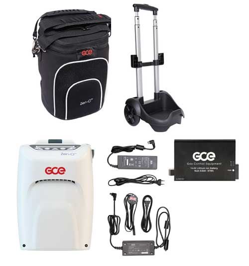 Zen-O portable oxygen concentrator with carrying bag, wheeled cart, battery, AC adapter, and power cords displayed on white