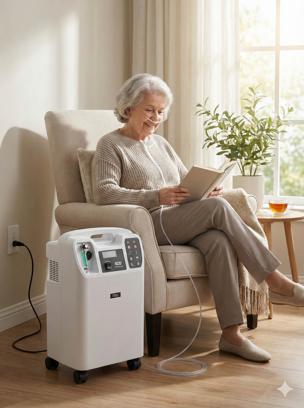 Stationary oxygen concentrator on wheels beside an older woman wearing a nasal cannula while reading in an armchair at home