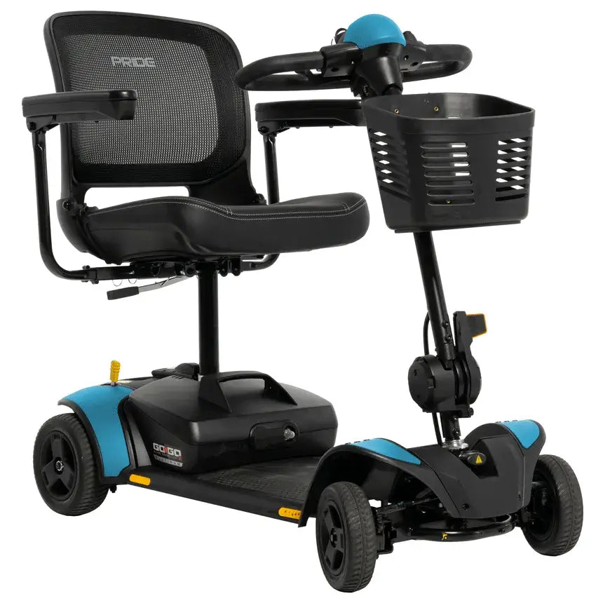 Power mobility scooter in black and teal with mesh back seat, front basket, tiller controls, and four wheels