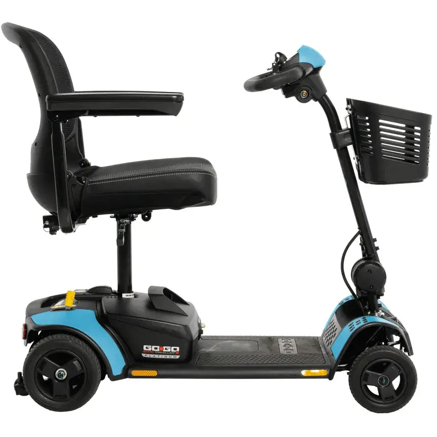 Go-Go Elite Traveller 2 Platinum 4-wheel mobility scooter in blue and black with front basket, side view